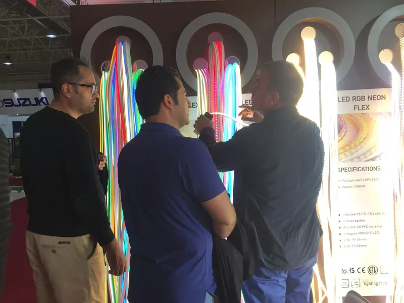 Visitors discussing LED neon flex at FLUX booth, Iran Lighting Exhibition 2017