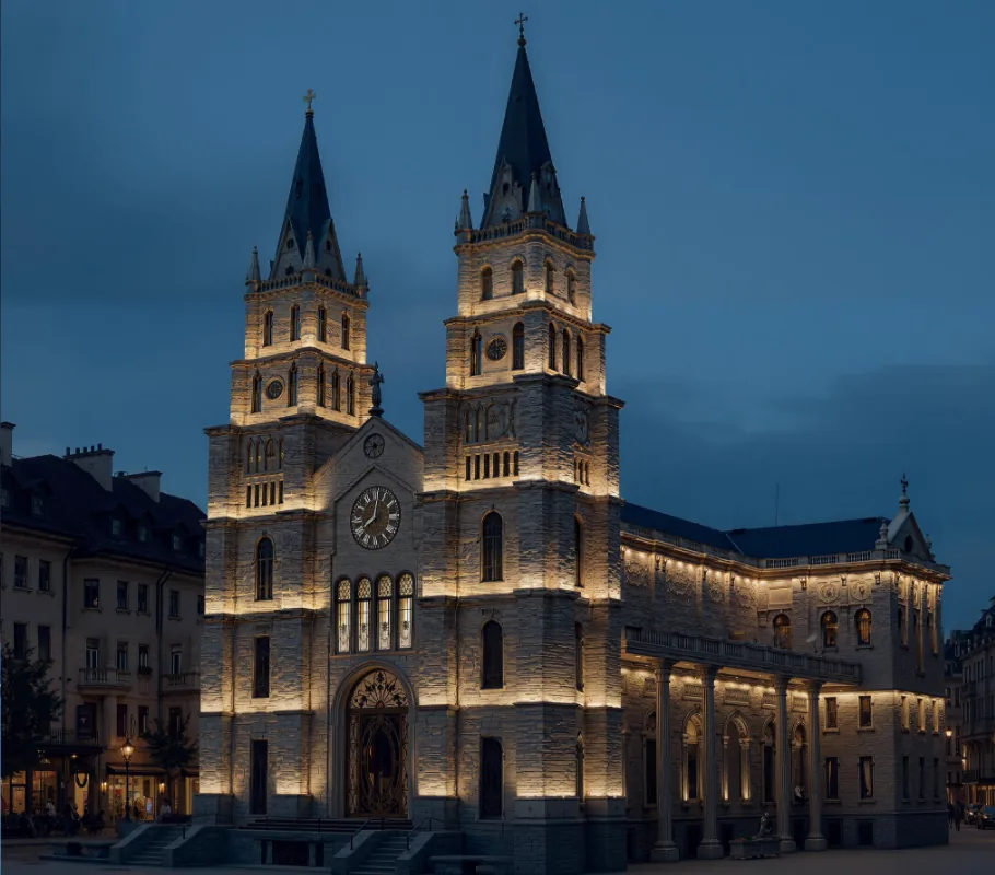 Gothic church facade floodlit at night