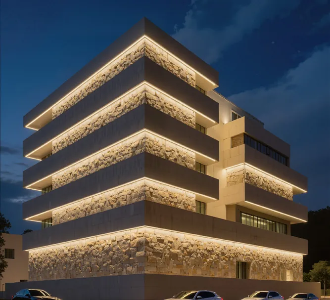 Commercial facade grazed with linear light