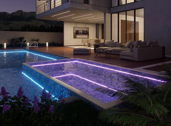 Resort villa pool with RGB LED edges at night