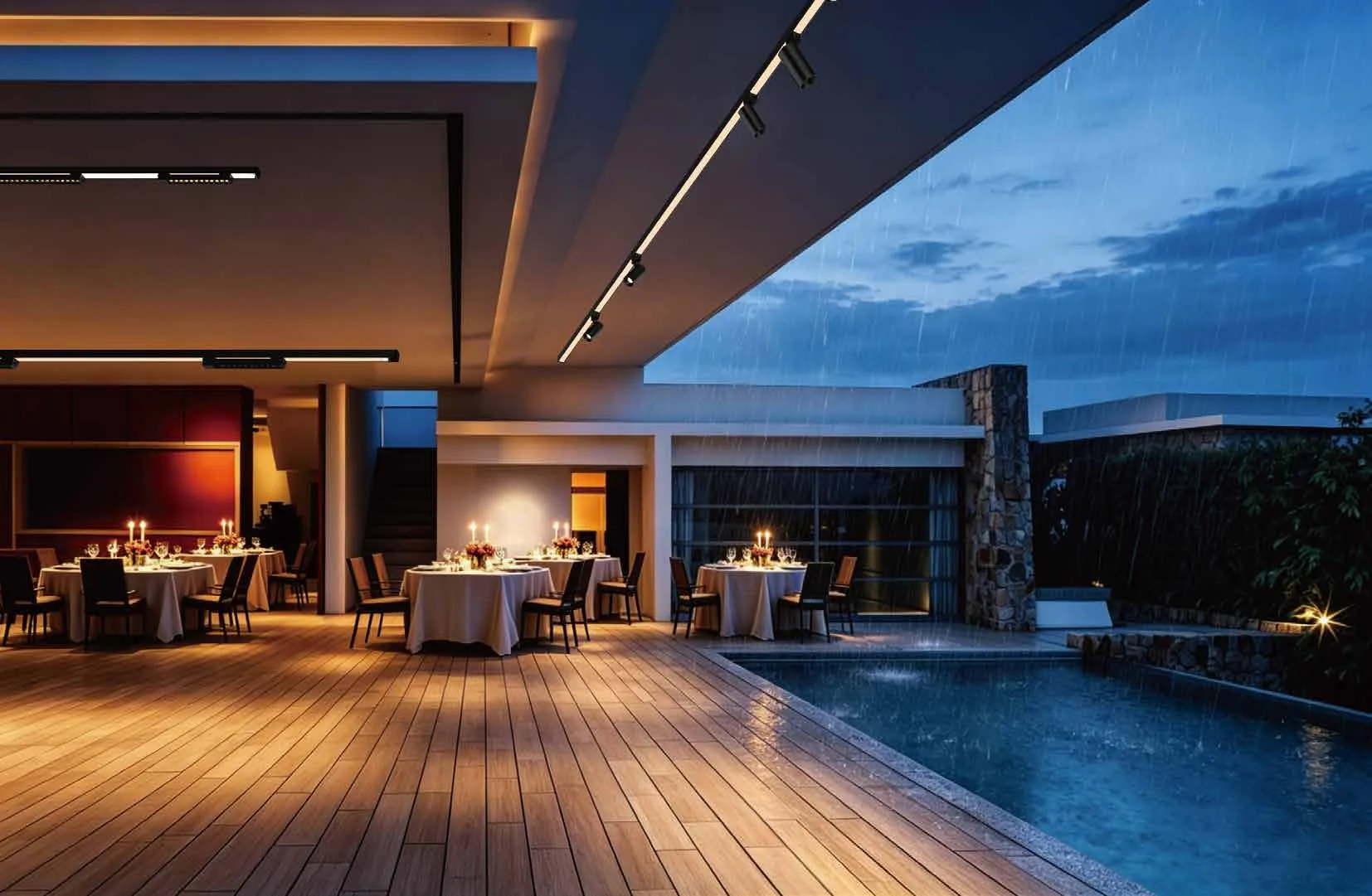 Poolside restaurant with white-tablecloth tables under track lights