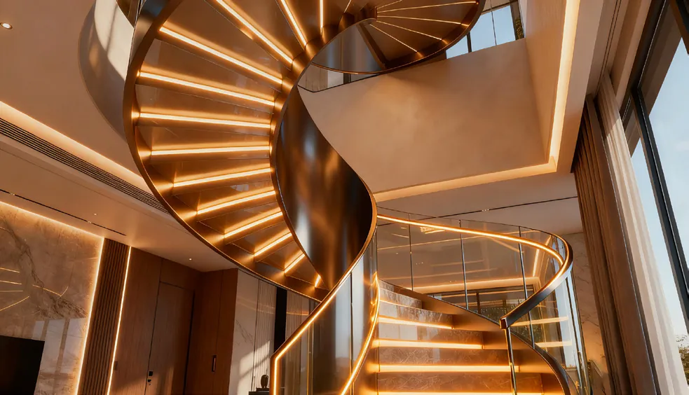Villa staircase guided by step lights